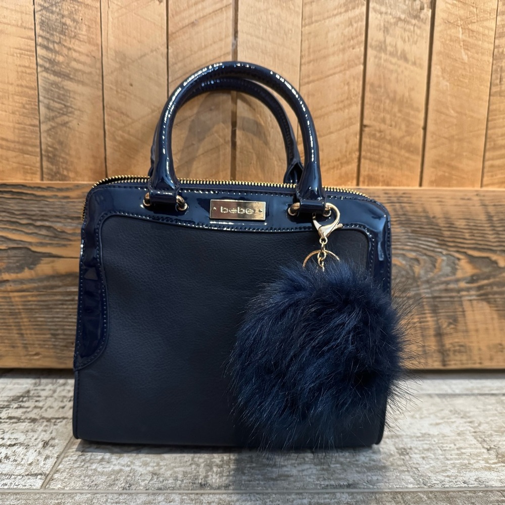 Bebe Navy Blue Handbag with Fur Charm